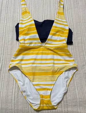 Aerie Yellow and Navy Stripe Layered One Piece Full Coverage Swimsuit thumbnail 1