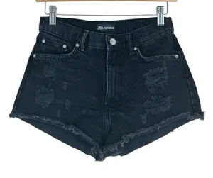 Zara High Rise Distressed Raw Hem Denim Shorts Black Edgy Grunge Size 2 thumbnail 1