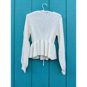 Scallop Ruffle V-Neck Peplum Ribbed Knit Sweater Balloon Sleeve Drawstring Waist thumbnail 6