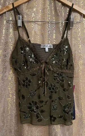 Madden Girl Olive Green Beaded Floral Sequin Lace Camisole Tank Top thumbnail 1