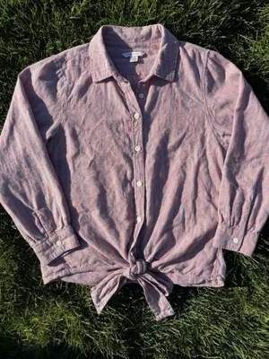 American Eagle Boho Striped Tie-Hem Button Down Top - Soft Pink/Blue - S thumbnail 2