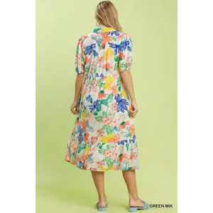 Umgee Watercolor Floral Tiered Midi Dress - Green Mix - Large thumbnail 3