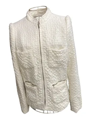 Zara Wool Blend Zip Front Textured Blazer Medium Winter White thumbnail 1