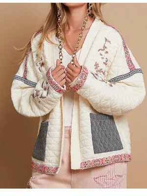 POL Cream Quilted Embroidered Jacket in Ivory Like New Bohemian Sz L thumbnail 1