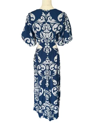 Abercrombie - Short-Sleeve Cutout Maxi Dress Navy Blue White Size M thumbnail 5