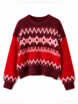 LOFT Women’s Fuzzy Fair Isle Oversized Sweater Small Red Burgundy Wool Blend thumbnail 2