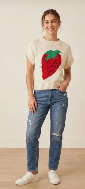 Maeve x Anthropologie Pippa Strawberry Crewneck Cap Sleeve Knit Sweater XS thumbnail 1