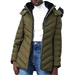 Zara Olive Green Down Puffer Coat Small Faux Fur‎ Hood thumbnail 7