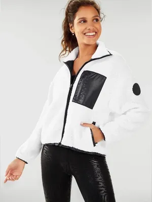 Fabletics Sherpa Teddy Fleece Jacket White Black Full Zip Cozy Athleisure Medium thumbnail 1
