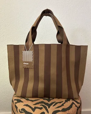 NEW Vivere Brown Striped Reusable Woven Tote Bag thumbnail 1