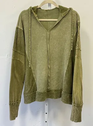 J.HER Olive Green Mixed Media Thermal Waffle Knit Hoodie Oversized Distressed Lg thumbnail 1