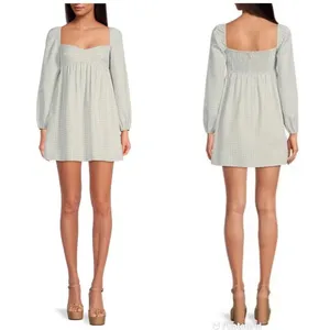 GIANNI BINI Green Gingham Mini‎ Peasant Dress Long Sleeves Low Cut Size 8 New thumbnail 5