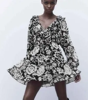 Zara Floral Print Ruffle Mini Dress Black White Long Sleeve V-Neck Size M NWT thumbnail 1