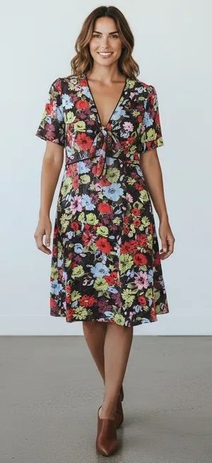 Loco Lindo Retro Botanical Print Dress w/ V-neck, Empire Waist, Short Sleeves thumbnail 1