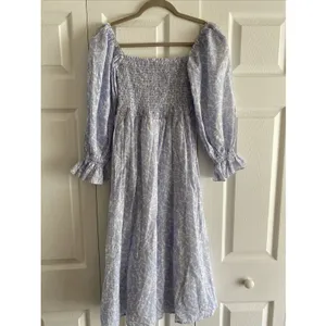 o.p.t. Floral Smocked Midi Dress‎ Womens Size S Blue White Puff Sleeve Toile thumbnail 8