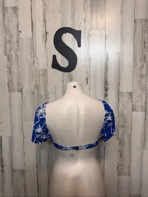 SHEIN Tropical Palm Print Puff Sleeve Bikini Top Womens Small Blue White Underwire thumbnail 2