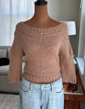Ann Taylor Loft Taupe Mohair Wool Boat Neck‎ Sweater 3/4 Sleeve Cropped Small thumbnail 1
