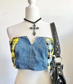 Denim Plaid Corset Top, Grunge Y2K Punk‎ Mall Goth Medium Indie Sleaze thumbnail 1