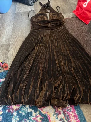 Cache Women’s Halter Metallic Brown Pleated Dress thumbnail 1