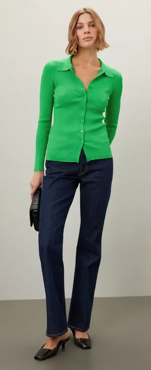 Lauren Ralph Lauren Green Collared Polo Ribbed Knit Cardigan Sweater Size M thumbnail 1
