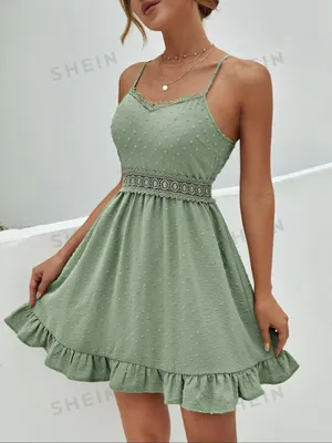 Swiss Dot Guipure Lace Insert Ruffle Hem Cami Dress thumbnail 1
