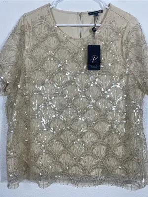 NWT Adrianna Papell Sequin Blouse Top Champagne L thumbnail 3