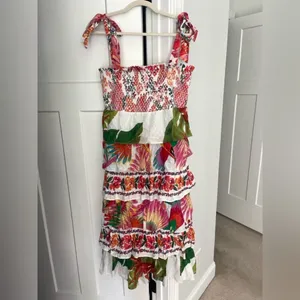 NWT Farm Rio Dress MIXED WHITE PRINTS Layered Dress Off‎ White smocked tie strap thumbnail 2