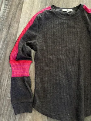 Natural Life London Trim Thermal Knit Top Gray Pink Size Medium Long Sleeves thumbnail 7