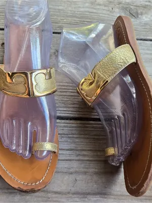 Tory Burch Marcia Gold Metallic Toe Ring Logo Vamp Slide On Sandal Size 8 thumbnail 2