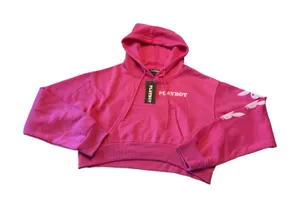 Playboy Womens Hot Pink Cropped Hoodie Embroidered Logo Bunny Sleeve Large NWT thumbnail 1