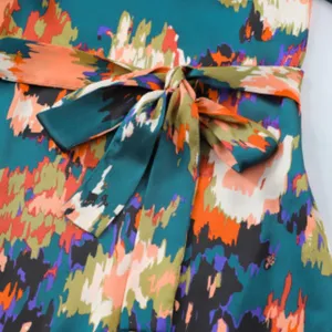 NEW Deep Turquoise Abstract Multicolor Print Belted Ruffle Satin Mini Dress thumbnail 12