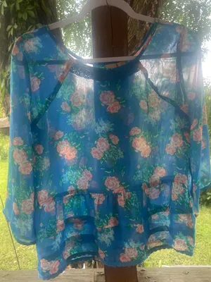 Mudd Blue Floral Sheer Peplum Blouse - Blue / Pink Size 16 Ruffle Hem thumbnail 1