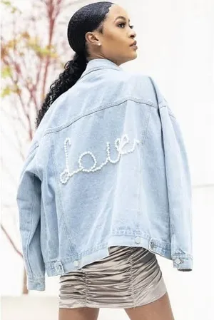 POL Denim Jacket Womens Medium Light Blue Excellent Pearl Love Embellished TWJ19 thumbnail 1