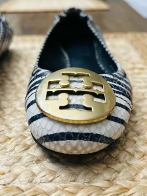 Tory Burch Reva Navy Blue White Striped Snake Skin Embossed Logo Ballet Flat 6.5 thumbnail 3