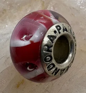 Pandora ALE 925 Sterling Silver Red White Stripe Murano Glass Charm 2.23g thumbnail 1