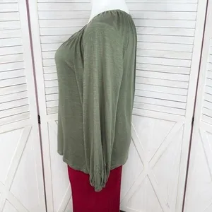 Loft Slub Jersey Knit Scoop Neck‎ Peasant Tee Shirt Olive Green Large thumbnail 2