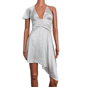 NWT We Wore What Asymmetrical Crystal Halter Tie One Shoulder Mini Dress 0 White thumbnail 2