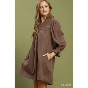 Umgee Textured Puff Sleeve Mini Dress - Chocolate - Small thumbnail 2