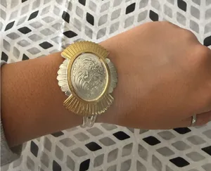 Western Two Tone Engraved Sunburst Cuff Bracelet Silver Gold Scalloped Scroll‎ thumbnail 1