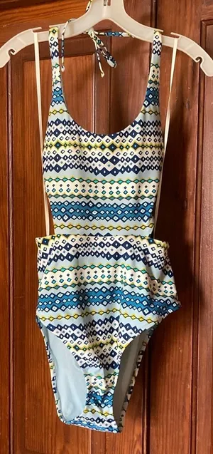 American Eagle Aerie New Cut Out Halter Blue Yellow Geometric One Piece Swimsuit Size XL thumbnail 1