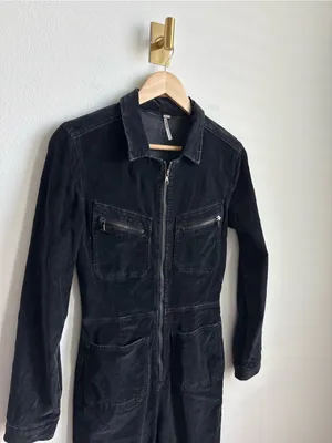 Free People Corduroy Jumpsuit Black Utility Zip Front Coveralls Small thumbnail 9