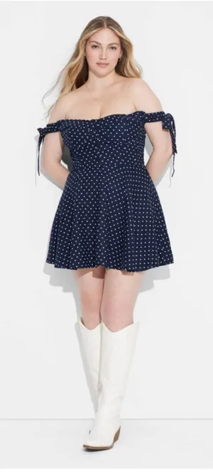 Megan Moroney Blue Polka Dot Corset Mini Dress Size XXL Off Shoulder Heart Retro thumbnail 1