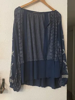 Free People Blue Embroidered Boho Indigo Dreams Tunic Top Medium thumbnail 4