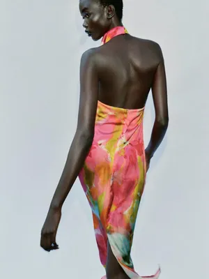 ZARA Floral Halter Midi Dress in Pink and Yellow thumbnail 6