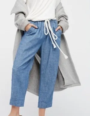 Free People Women Blue Cotton Linen Chambray Rope Drawstring Crop Pants Large thumbnail 1