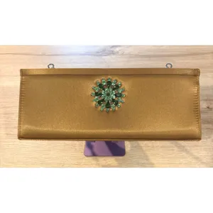 Bronze Satin Evening Clutch‎ Bag Green Rhinestone Brooch Beaded Handle Crossbody thumbnail 2