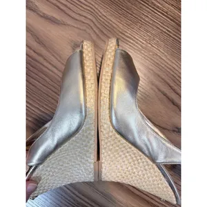 Lilly Pulitzer Gold‎ Metallic Leather Wedge Peep Toe Slingback Sandals *READ thumbnail 7