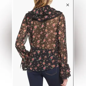 Rebecca Minkoff Devy Black/Pink Floral Ruffle Bell Sleeve Blouse Size Small thumbnail 2