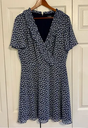 Lauren Ralph Lauren Mini Dress 14‎ Navy Blue Floral Cottagecore Preppy Feminine thumbnail 1