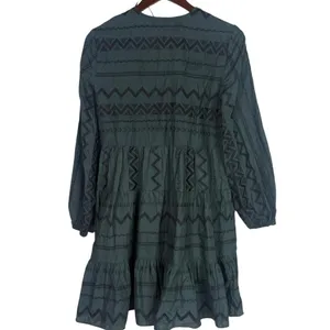 Zara Boho Oversized Embroidered Long Sleeve Mini Dress Tassel V Neck XS Green thumbnail 14